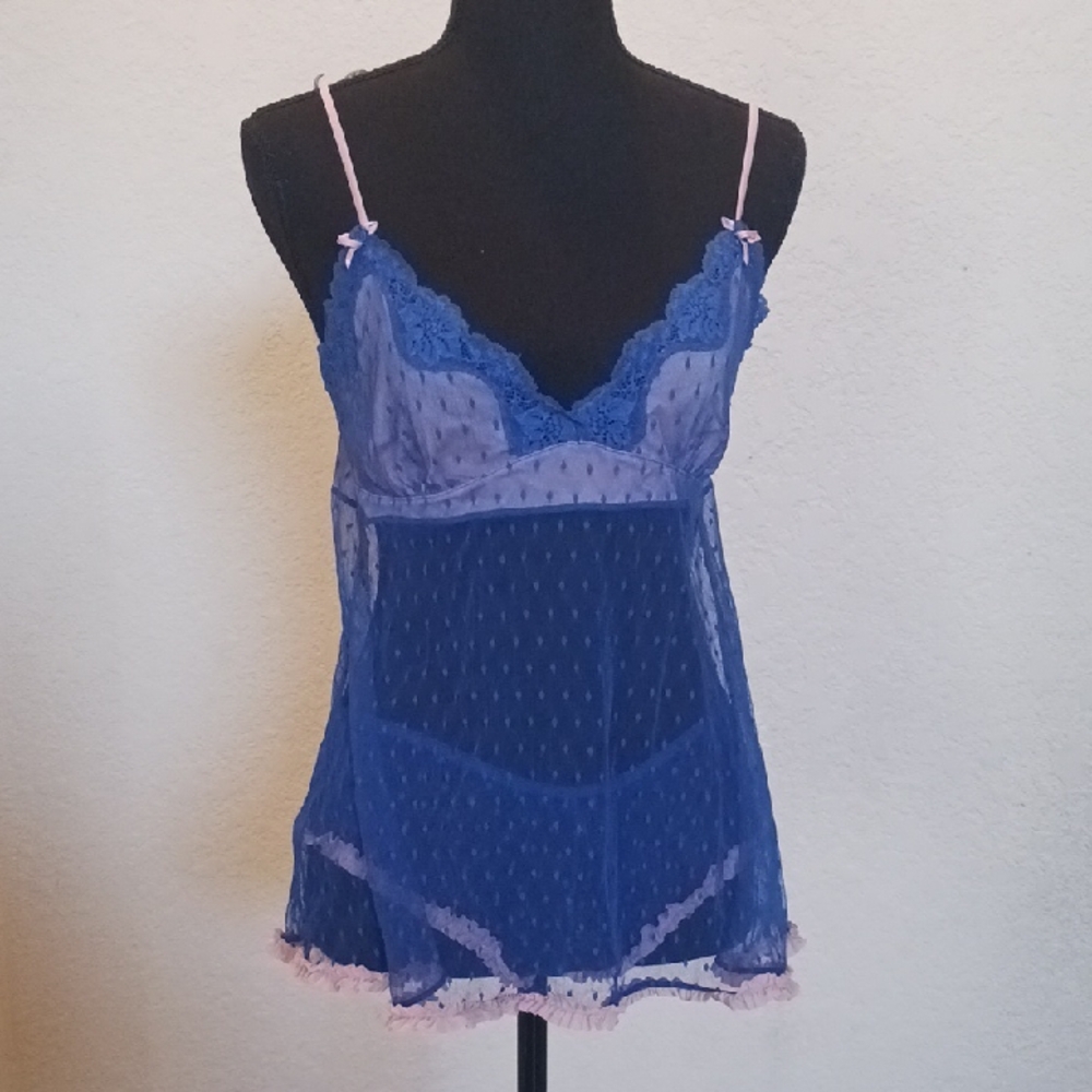 Vintage European Boutique Lingerie Blue/pink Lace Chemise Set Size Medium